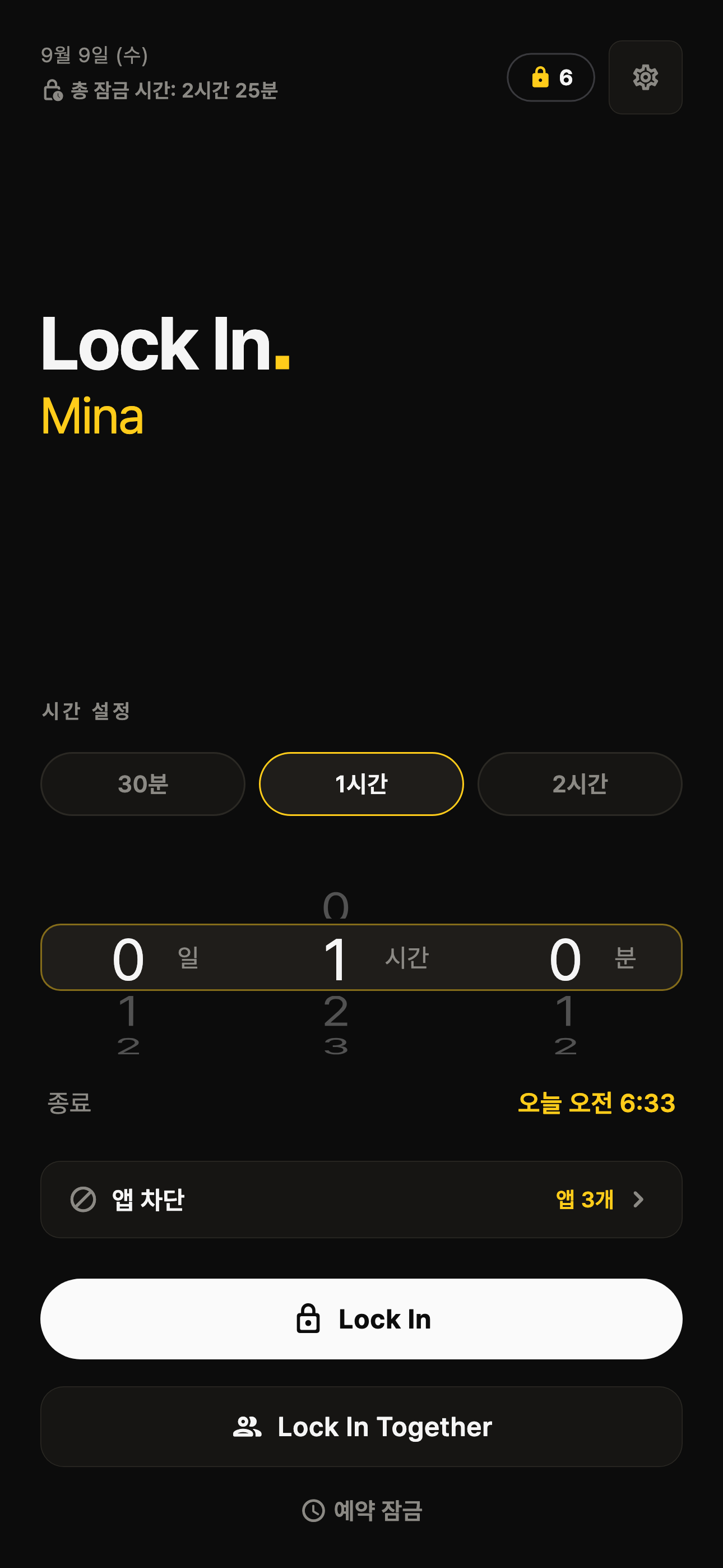 60분 타이머와 예시 차단 앱 3개가 선택된 Lock In Together 설정 화면