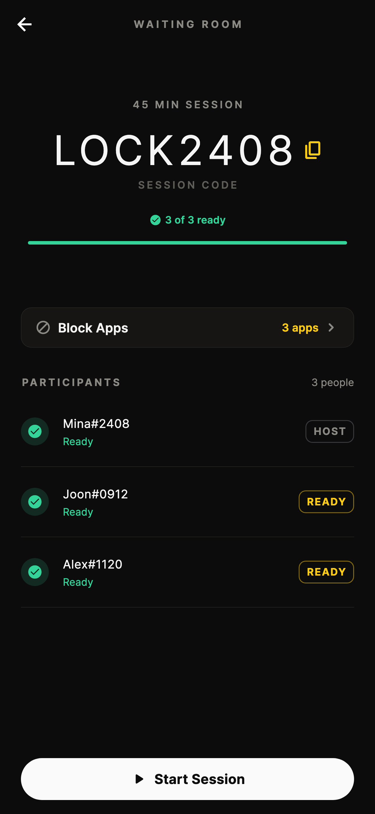 Example Together waiting room with a shared session code and participants ready